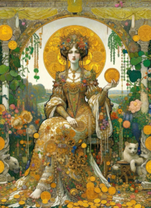 tarot's queen of pentacles in the style of Gustav Klimt, with green hanging plants and golden disks